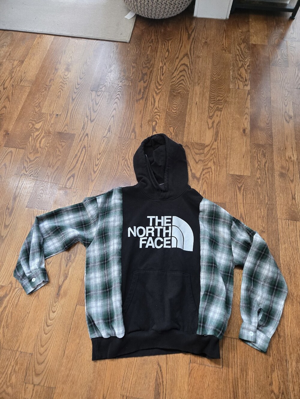 Upcycled Northface Hoodie with fannel shirt sleeves, Sz Small